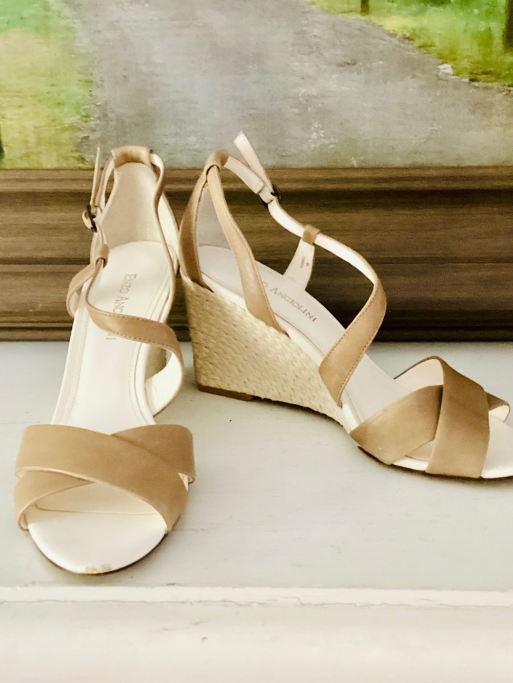 ENZO ANGIOLINI Espadrille Wedges Sandal Leather Tan crossover Strap Women’s 8M